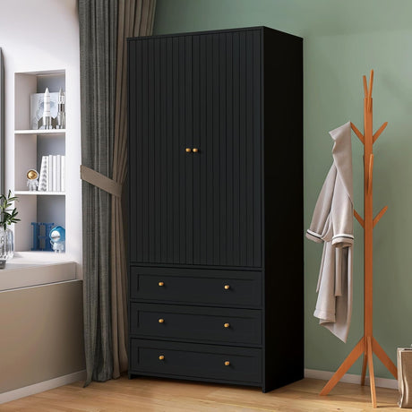PHOYAL 71" Wardrobe Closet Armoire, Wardrobe Armoire Wooden with 2 Doors, 3 Drawers Household Freestanding Wooden Closet Storage Cabinet for Bedroom (Black) PHOYAL
