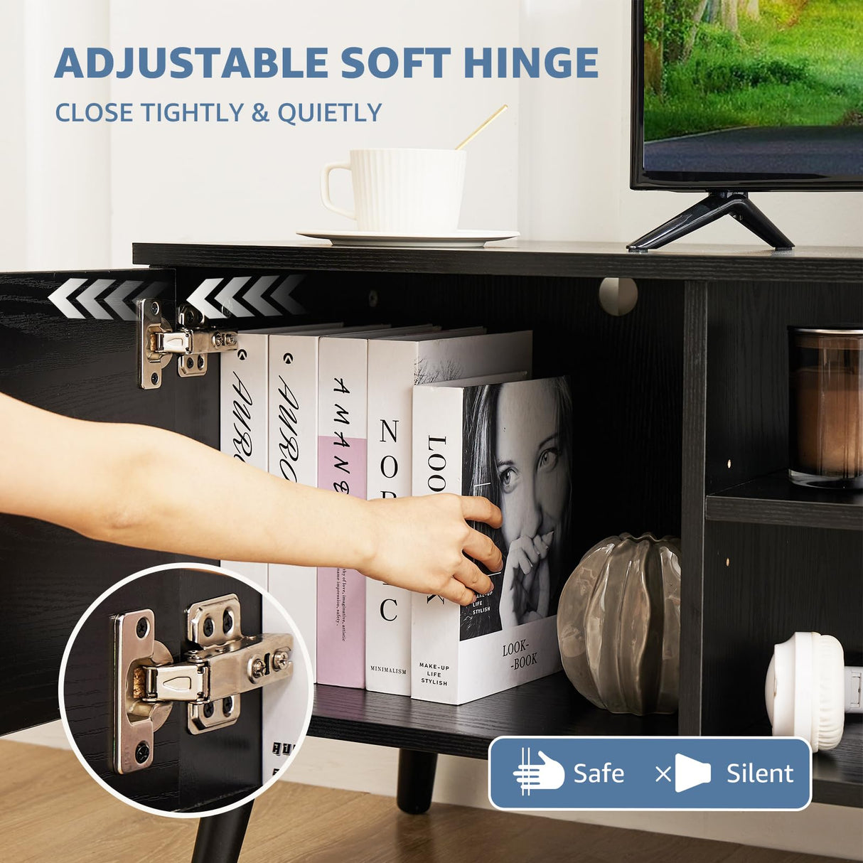 DUMOS TV Stand for 55 60 inch TV, Entertainment Center with Storage Cabinet, Mid Century Modern Media Console Table, Adjustable Hinge, Wooden Television Furniture for Living Room, Office - Black DUMOS