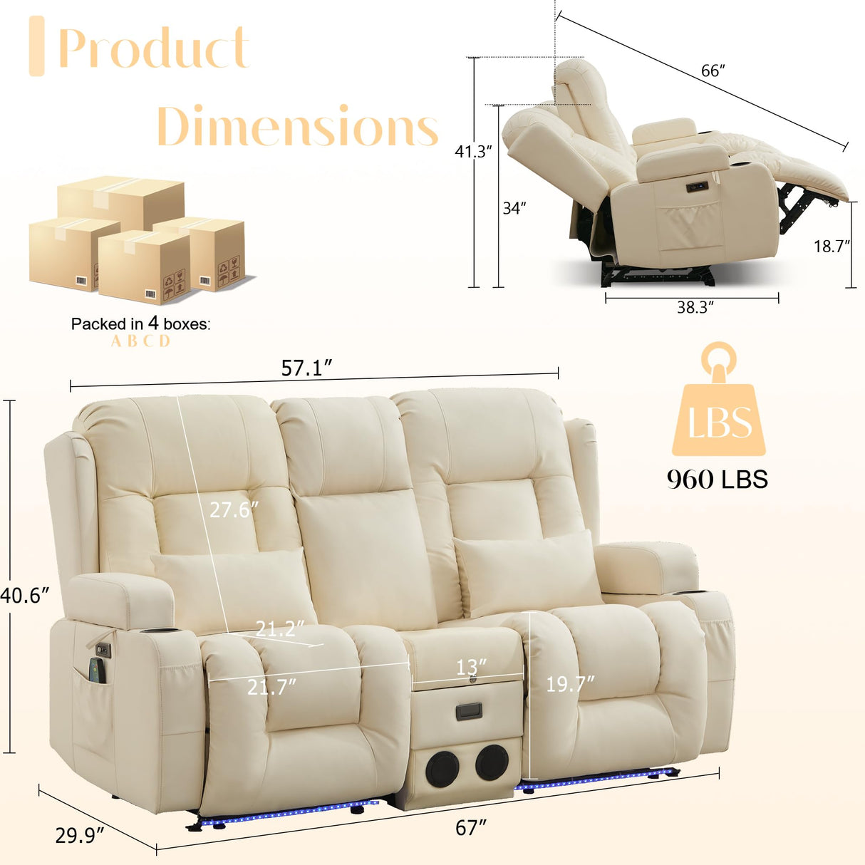 TUNYI Power Loveseat Recliner Sofa, Faux Leather Reclining Sofa with Console RV Reclining Loveseat Couch with USB/Outlet/Storage/Side Pocket/LED Light/Speaker (Cream White, Loveseat) TUNYI