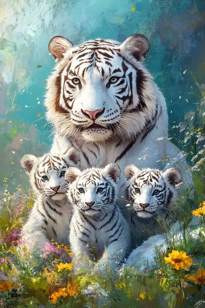 DIY Diamond Painting - White Tiger Family Diamond Painting Kits,Beginners 5d Full Diamond Round Crystal Craft Vertical Office Decor Wall Decor,Gift for Mom 12x12 Inch