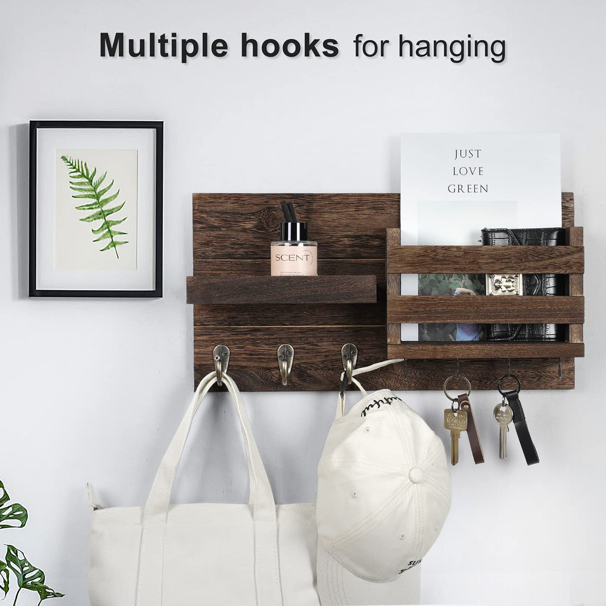 Lwenki Mail Organizer for Wall Mount – Key Holder with Shelf Includes Letter Holder and Hooks for Coats, Dog Leashes – Rustic Wood with Flush Mounting Hardware (16.5” x 8.7” x 3.5”) Lwenki