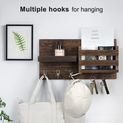 Lwenki Mail Organizer for Wall Mount – Key Holder with Shelf Includes Letter Holder and Hooks for Coats, Dog Leashes – Rustic Wood with Flush Mounting Hardware (16.5” x 8.7” x 3.5”)