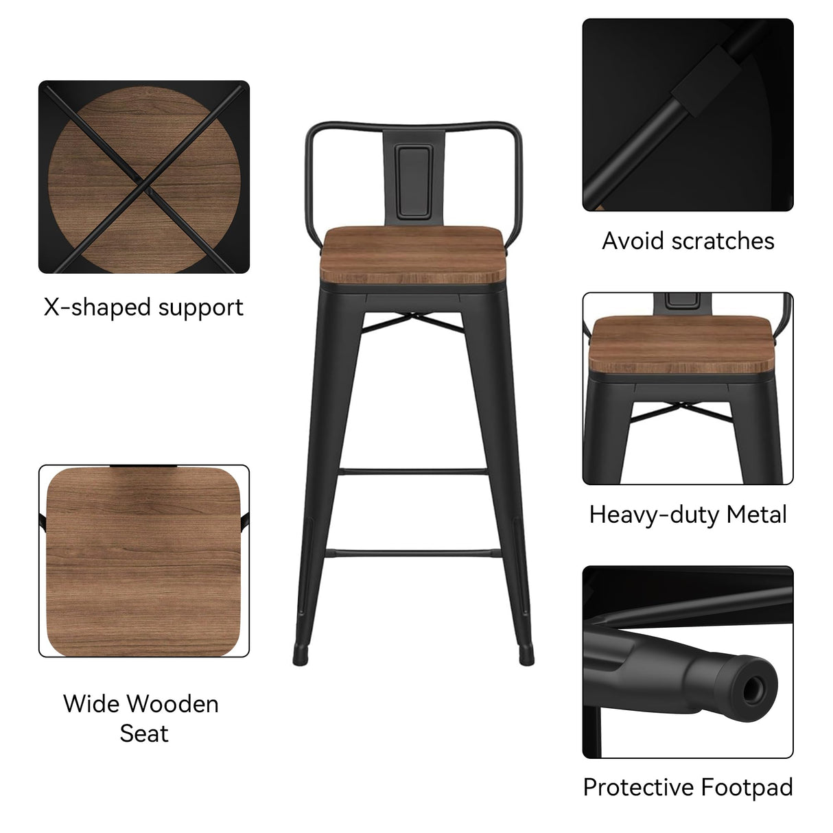 HAOBO Home 24" Low Back Metal Counter Stool Height Bar Stools with Wooden Seat [Set of 4] Barstools, Matte Black HAOBO Home