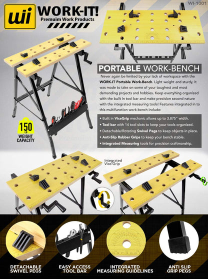 Work-It! Portable Workbench, Folding Carpenter Saw Table with Adjustable Clamps - Easy to Transport with Heavy-Duty Steel Frame, 150 Lbs Capacity - WoodArtSupply