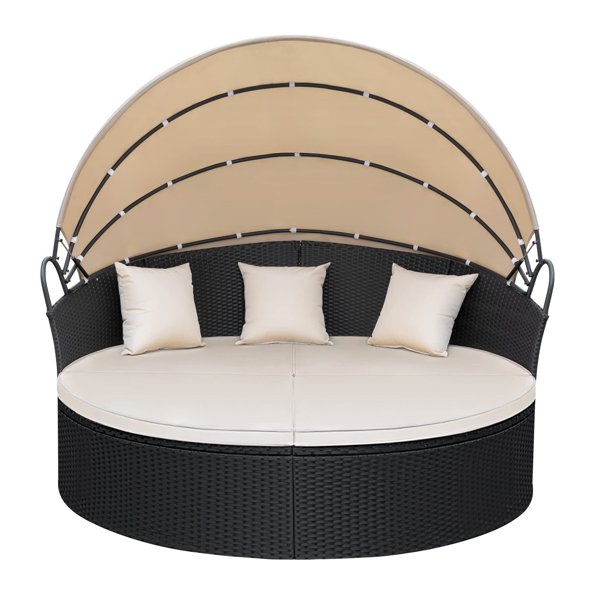 KaiMeng Patio Furniture Round Outdoor Daybed with Retractable Canopy Wicker Rattan Sectional Sofa for Lawn Garden Backyard Pool (Beige) KaiMeng