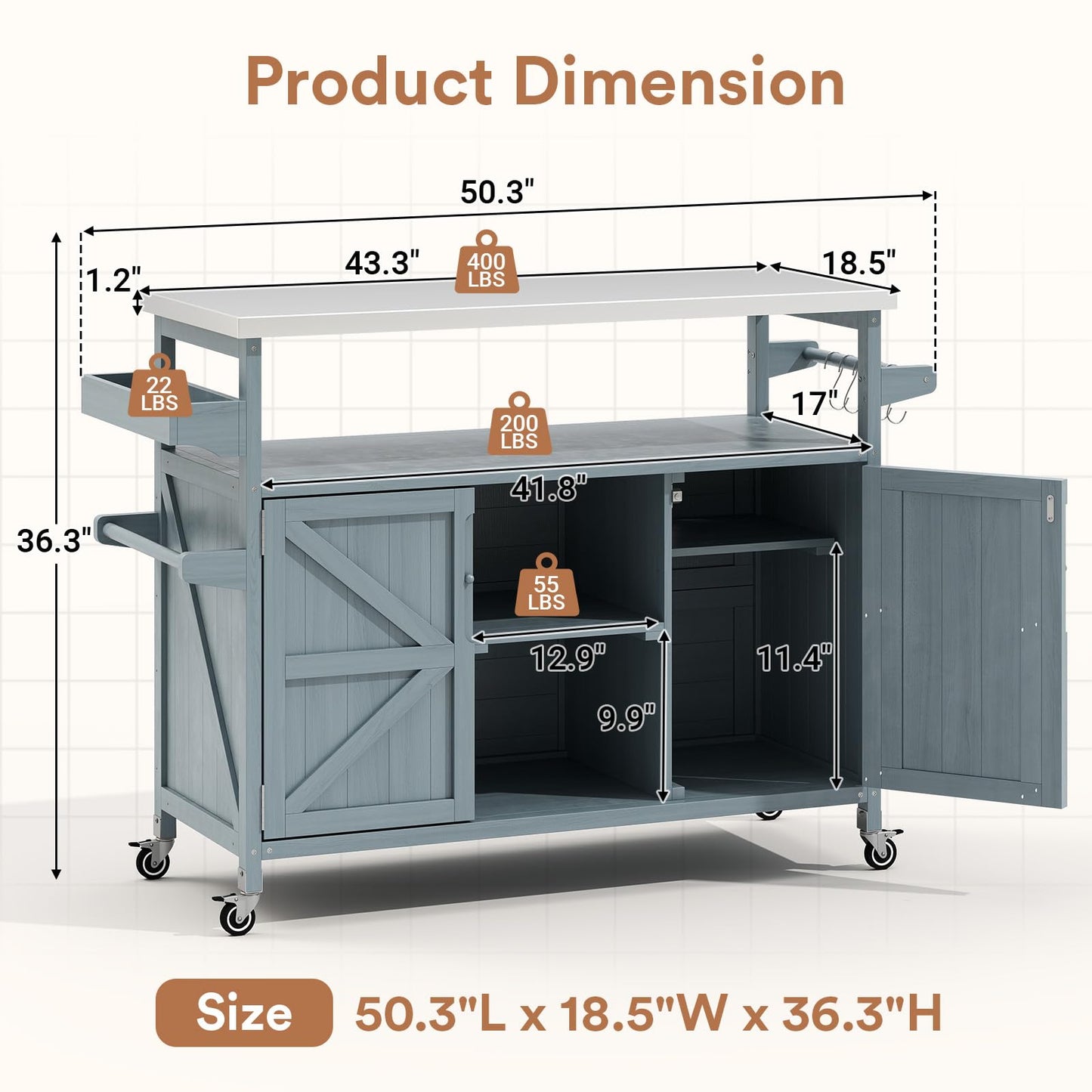 Zevemomo Outdoor Grill Cart, Stainless Steel Tabletop Outdoor Kitchen Island, Solid Wood Outdoor Buffet Cabinet with Lockable Wheels for Grilling, Gray-Blue