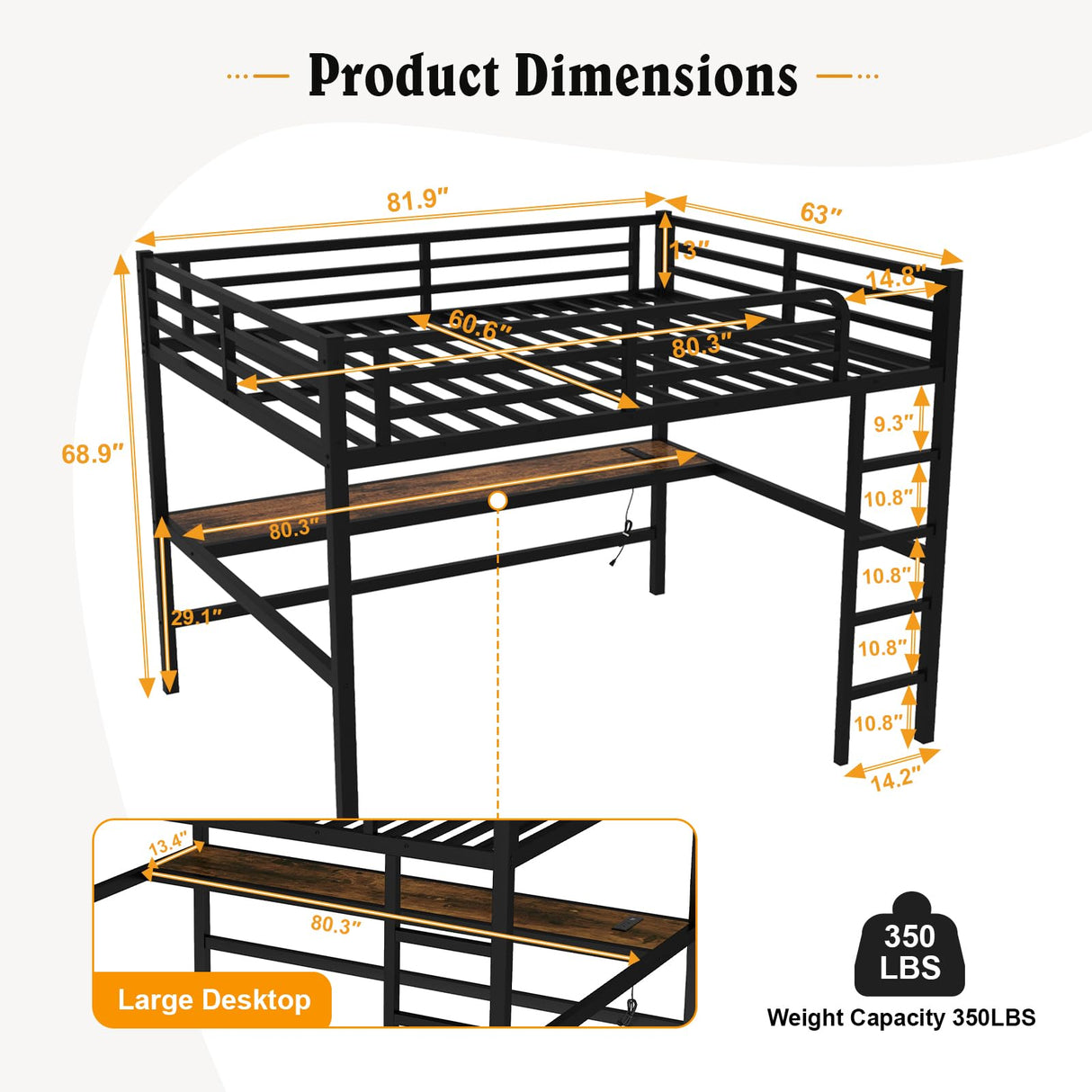 MAKIAAP Loft Bed with Desk & Ladder, Metal High LoftBed Frame with LED Lights & Charging Station, Sturdy Noise-Free Loft Bed for Kids, Teens & Adults, Space-Saving Design (Black, Queen) MAKIAAP
