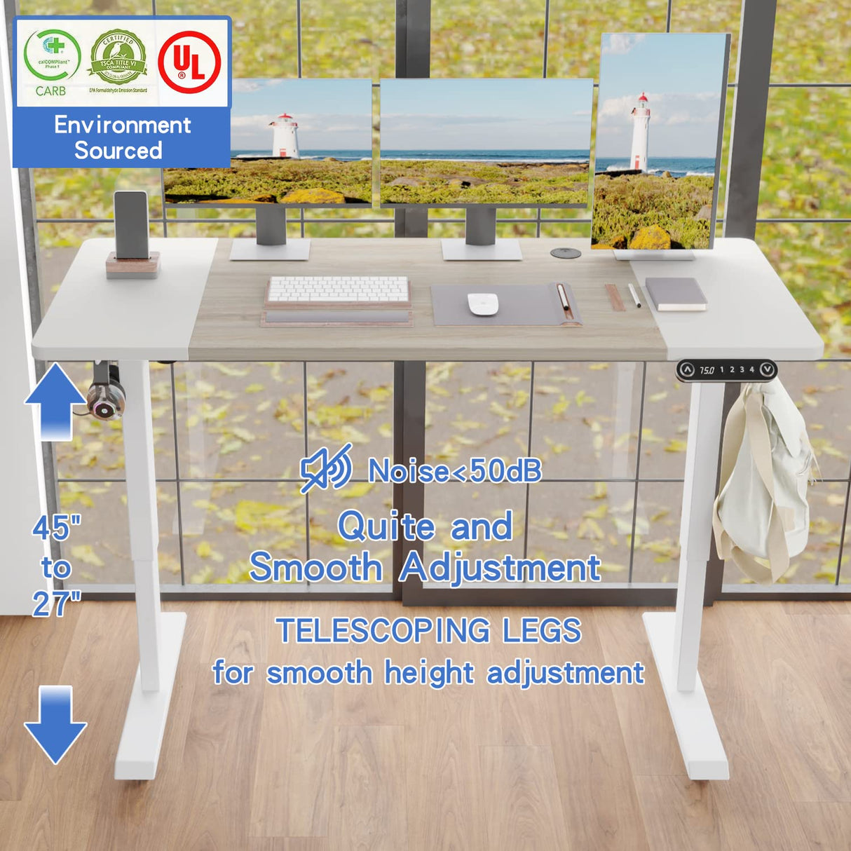 BUNOEM Height Adjustable Electric Standing Desk, 55X24 Height Stand Up Computer Desk,Sit and Stand Home Office Desk with Splice Board (White+Oak Top, White Frame) BUNOEM