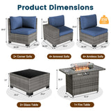 VONZOY 13 Piece Patio Furniture Set with Fire Pit Table, Outdoor Conversation Sets Grey Wicker Rattan Sectional Sofa, 4'' Thickened Cushion Navy Blue (Include Waterproof Cover) VONZOY