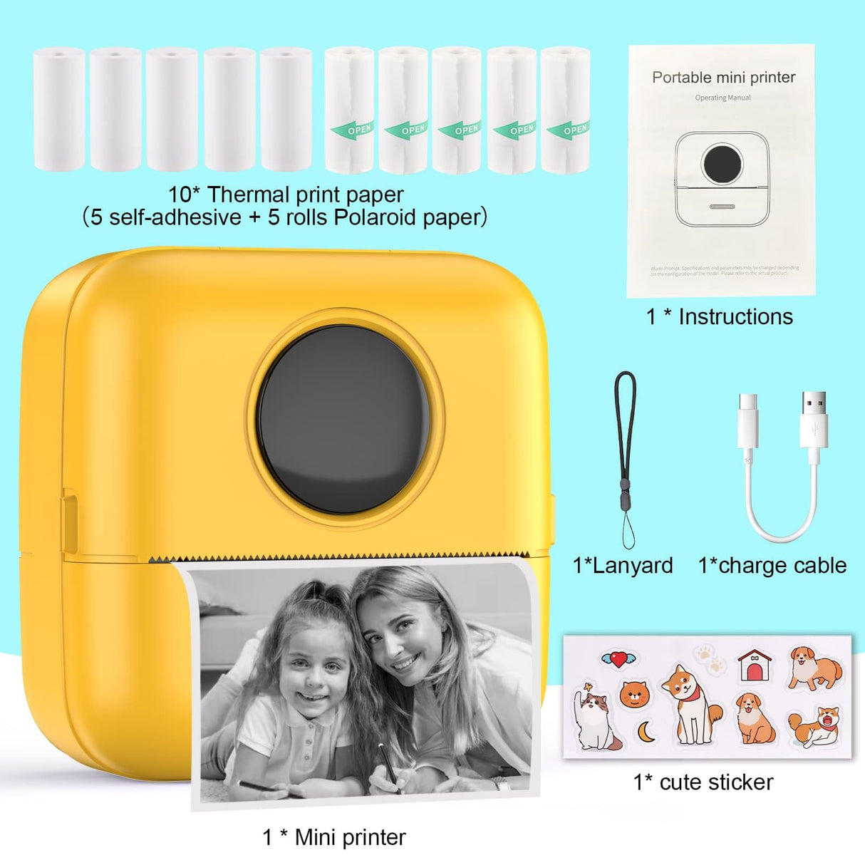HuiJuKeJi Mini Sticker Printer Bluetooth Smart Pocket Inkless Thermal Printer with 11 Rolls Thermal Paper and Sticker for iOS&Android Print Pod, Portable Receipt Printer for Photo Note Memo (Yellow) HuiJuKeJi