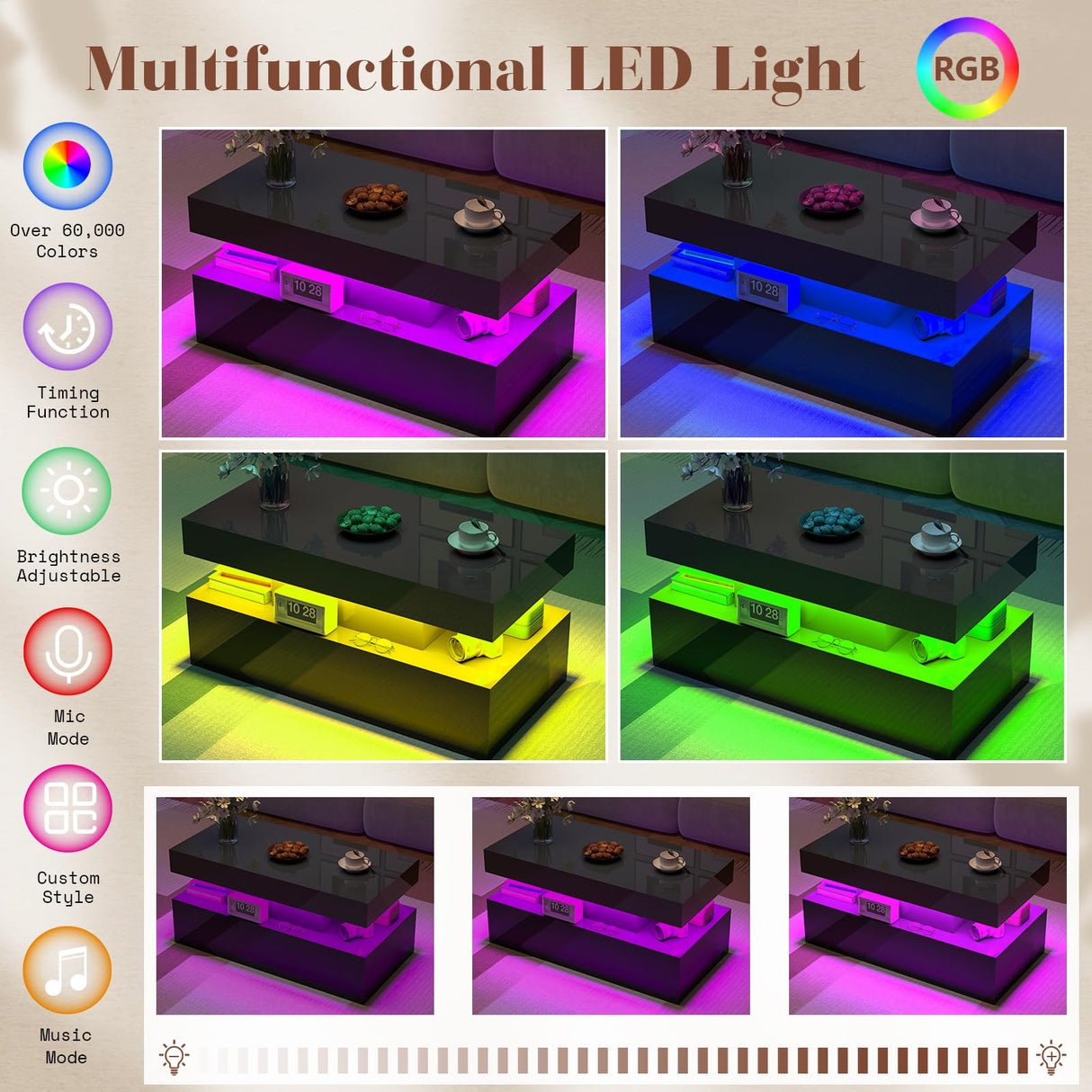 LUXOAK Coffee Table with LED Light, Modern High Gloss Finish Center Table with 2-Tier Storage Space, Minimalist Coffee Table for Living Room, Office, Black LUXOAK