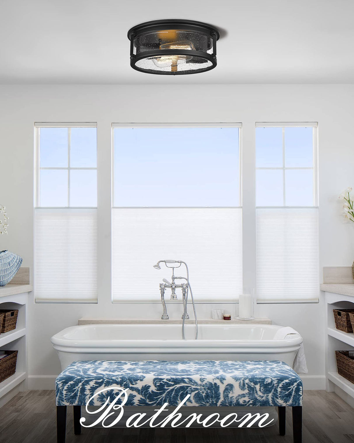 FOITTON Industrial Flush Mount Ceiling Light, 2-Light Farmhouse Metal Cage Ceiling Lights for Hallway,Kitchen,Stairways,Bedroom,Matte Black Finish FOITTON