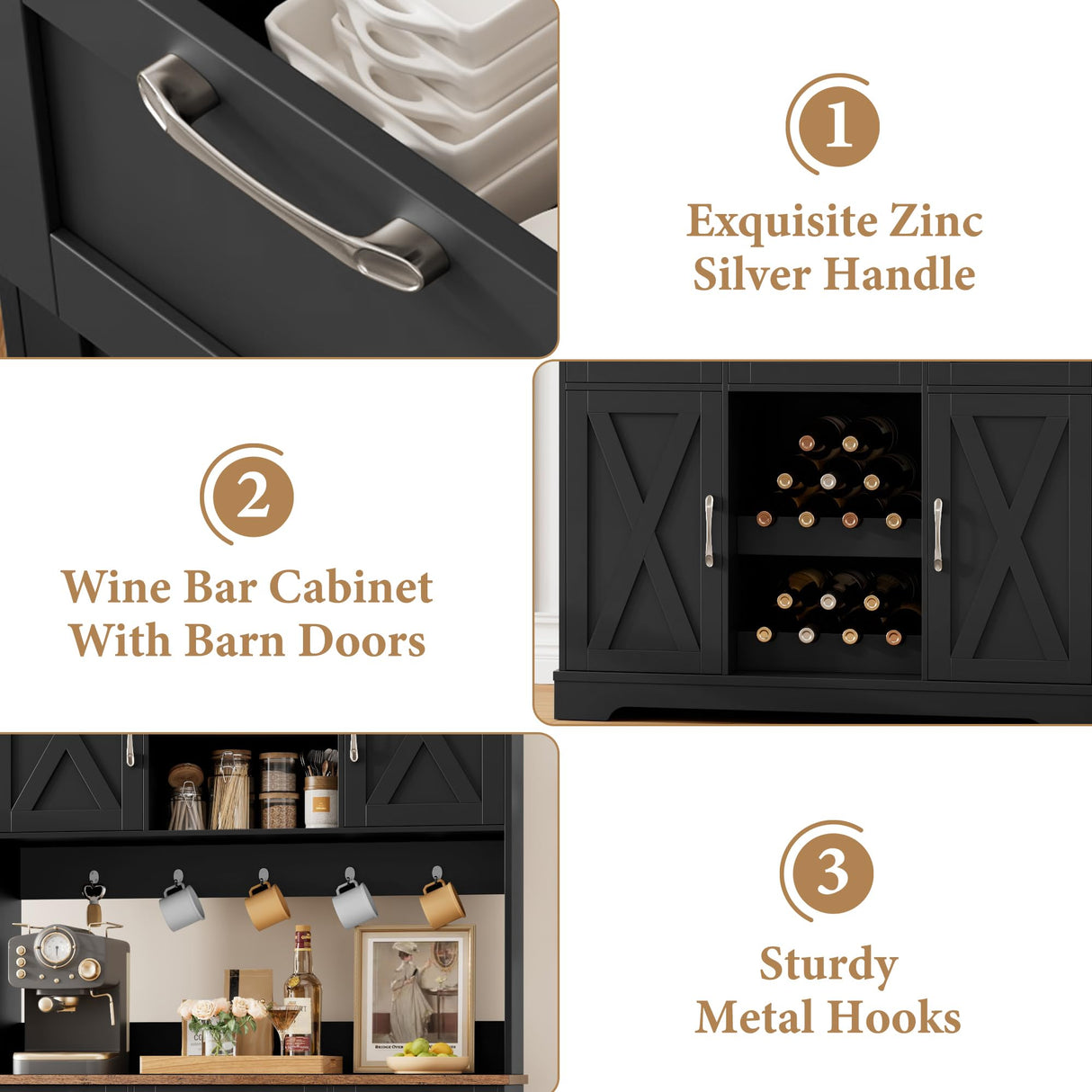 HIFIT 72" Large Kitchen Pantry Storage Cabinet with Barn Doors & Shelves, Farmhouse Tall Kitchen Hutch Wood Bar Cabinet w/3 Drawers, Microwave Stand, Cupboard Wine Rack for Dining Room, Pantry, Black HIFIT