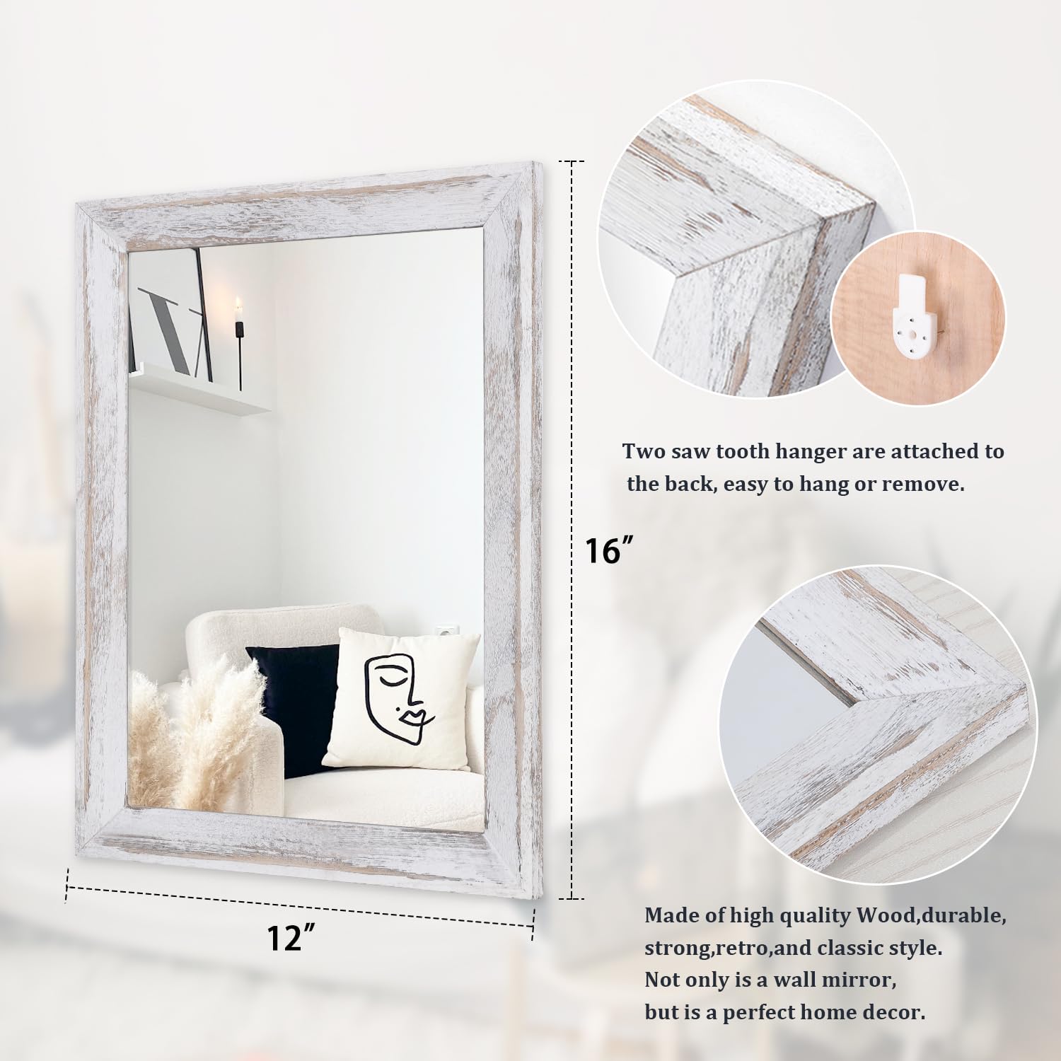 AAZZKANG Mirrors for Wall Rustic Wood Framed Mirror Decorative Farmhouse Bedroom Bathroom Hanging Mirror Wall Decor Rectangle White - WoodArtSupply