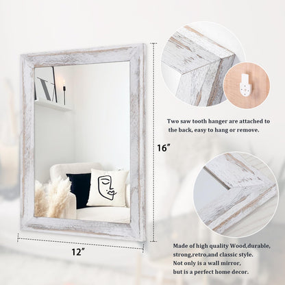 AAZZKANG Mirrors for Wall Rustic Wood Framed Mirror Decorative Farmhouse Bedroom Bathroom Hanging Mirror Wall Decor Rectangle White - WoodArtSupply