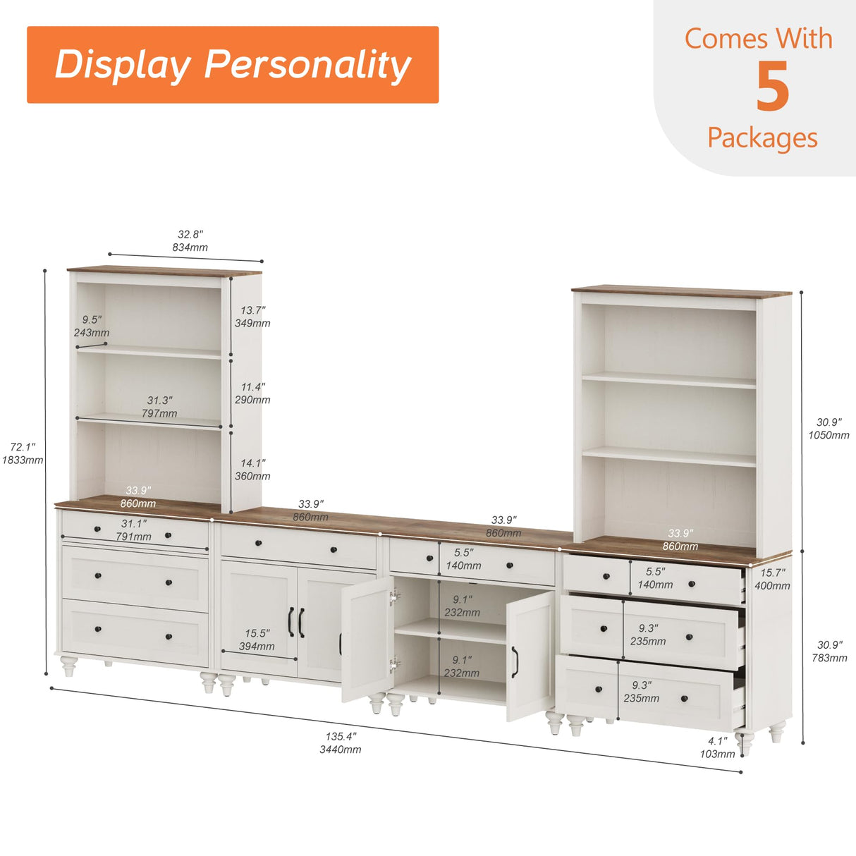 WAMPAT Entertainment Center with Bookshelves for TVs up to 75", Farmhouse Wall Unit TV Stand with Doors & Drawer, Media Console Table for Living Room, Bedroom & Home Theater, White WAMPAT