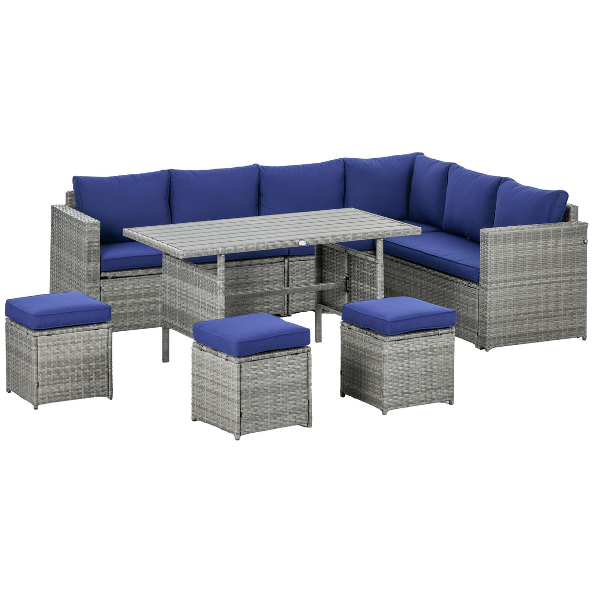 Outsunny Wicker Outdoor Patio Furniture Set, L-Shaped 7 Piece Outdoor Dining Sectional Sofa with Dining Table and Chair, Storage Loveseat, Ottomans and Cushions, Dark Blue Outsunny