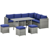 Outsunny Wicker Outdoor Patio Furniture Set, L-Shaped 7 Piece Outdoor Dining Sectional Sofa with Dining Table and Chair, Storage Loveseat, Ottomans and Cushions, Dark Blue Outsunny