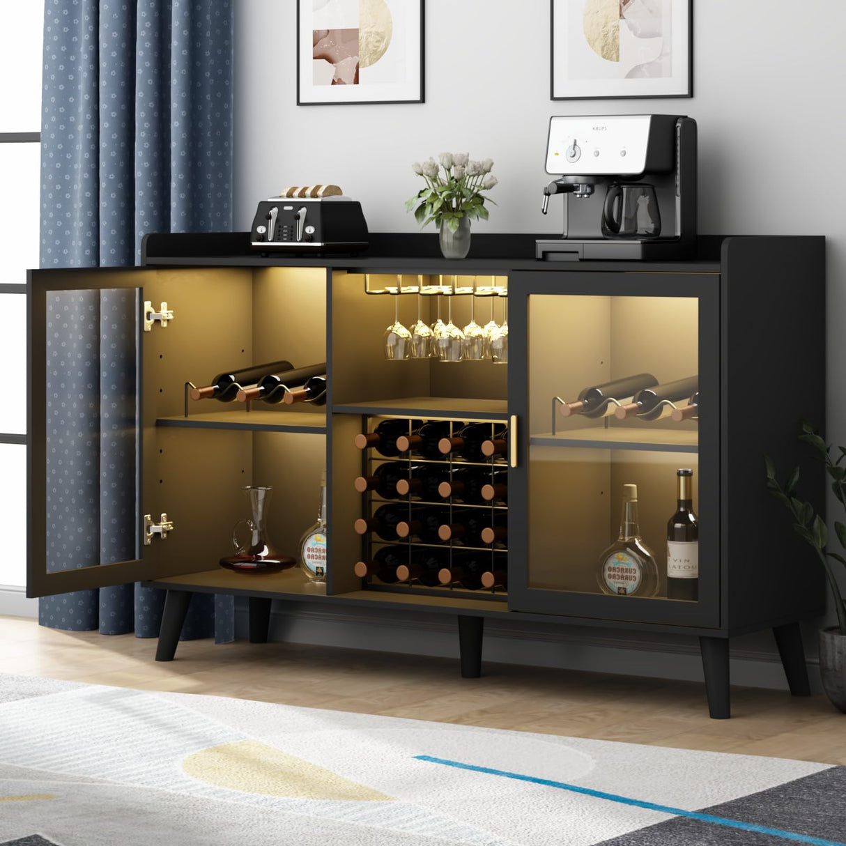 Loomie Wine Bar Cabinet with LED Light, Home Coffee Cabinet with Wine Rack and Glass Holder, Kitchen Buffet Sideboard W Storage Shelf, Freestanding Liquor Cabinet for Living Room, Dining Room (Black) Loomie