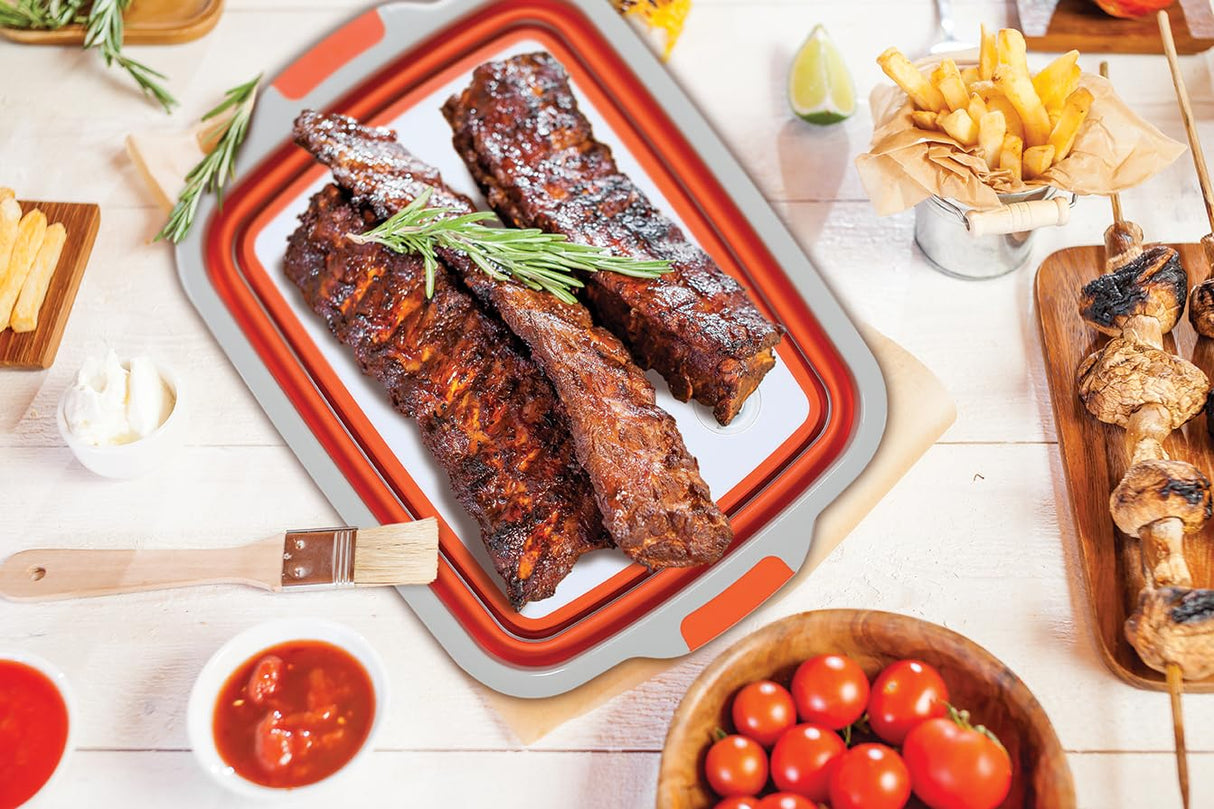 BIRDROCK HOME Collapsible Large BBQ Prep Tub w/Cutting Board, Multi-Function Grill Caddy w/Colander & Lid, Portable Silicone Dish Bowl for Picnic, Tailgate, Camping - Orange BIRDROCK HOME