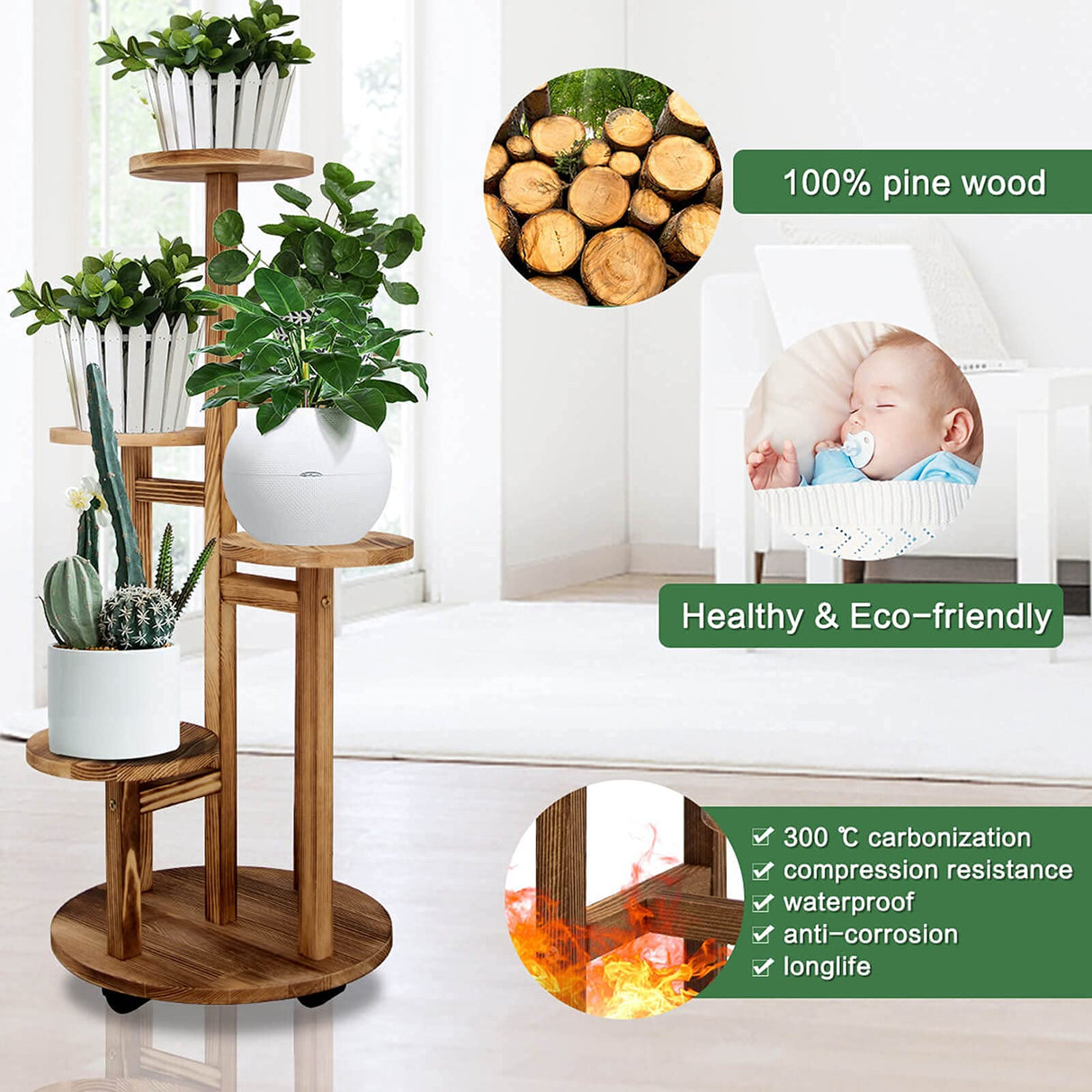GEEBOBO 5 Tiered Tall Plant Stand for Indoor, Wood Plant Shelf Corner Display Rack, Multi-tier Planter Pot Holder Flower Stand for Living Room Balcony Garden Patio (Walnut) GEEBOBO