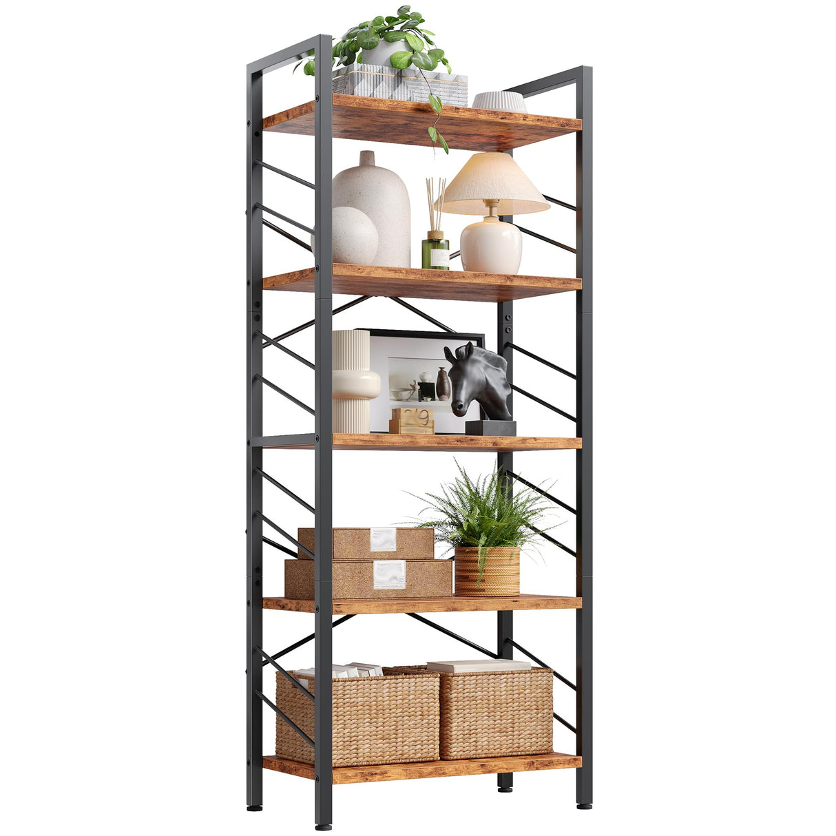 DurayLoly 5 Tier Bookshelf, Industrial Tall Bookcase, Modern Display Book Shelf with Metal Frame and Sidebars for Bedroom, Living Room and Home Office, Rustic Brown DurayLoly