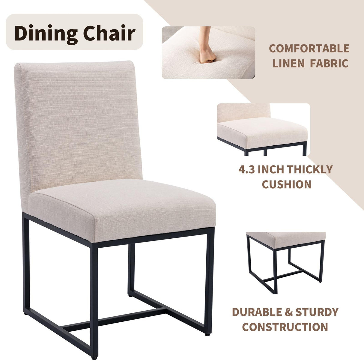 HNY Century Modern Dining Chairs Set of 6, Linen Fabric Kitchen & Dining Room Chair, Upholstered Dining Chair Side Chair with Black Finish Metal Frame, Cream 6 PC HNY