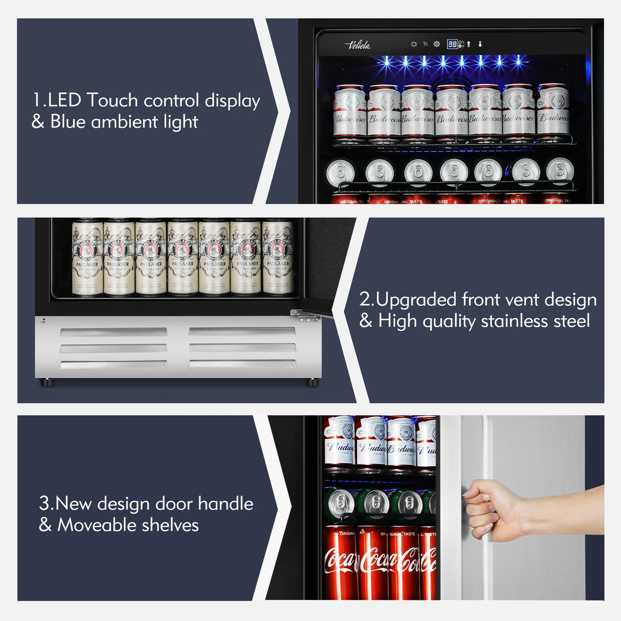 Velieta 24 Inch Outdoor Beverage Refrigerator Cooler,Stainless Steel Wide Refrigerator for 210 Cans,Fit Perfectly for 24" Space Built-in Counter or Freestanding with powerful and quiet cooling system Velieta
