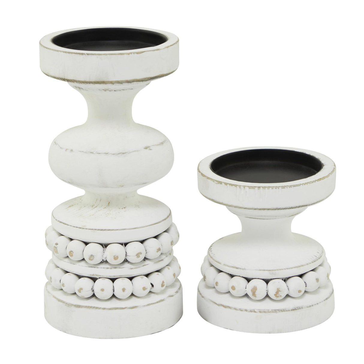 The Novogratz Wood Decorative Candle Holder Beaded Pillar Candle Stand, Set of 2 Candlestick Holder 8", 4"H, White Deco 79