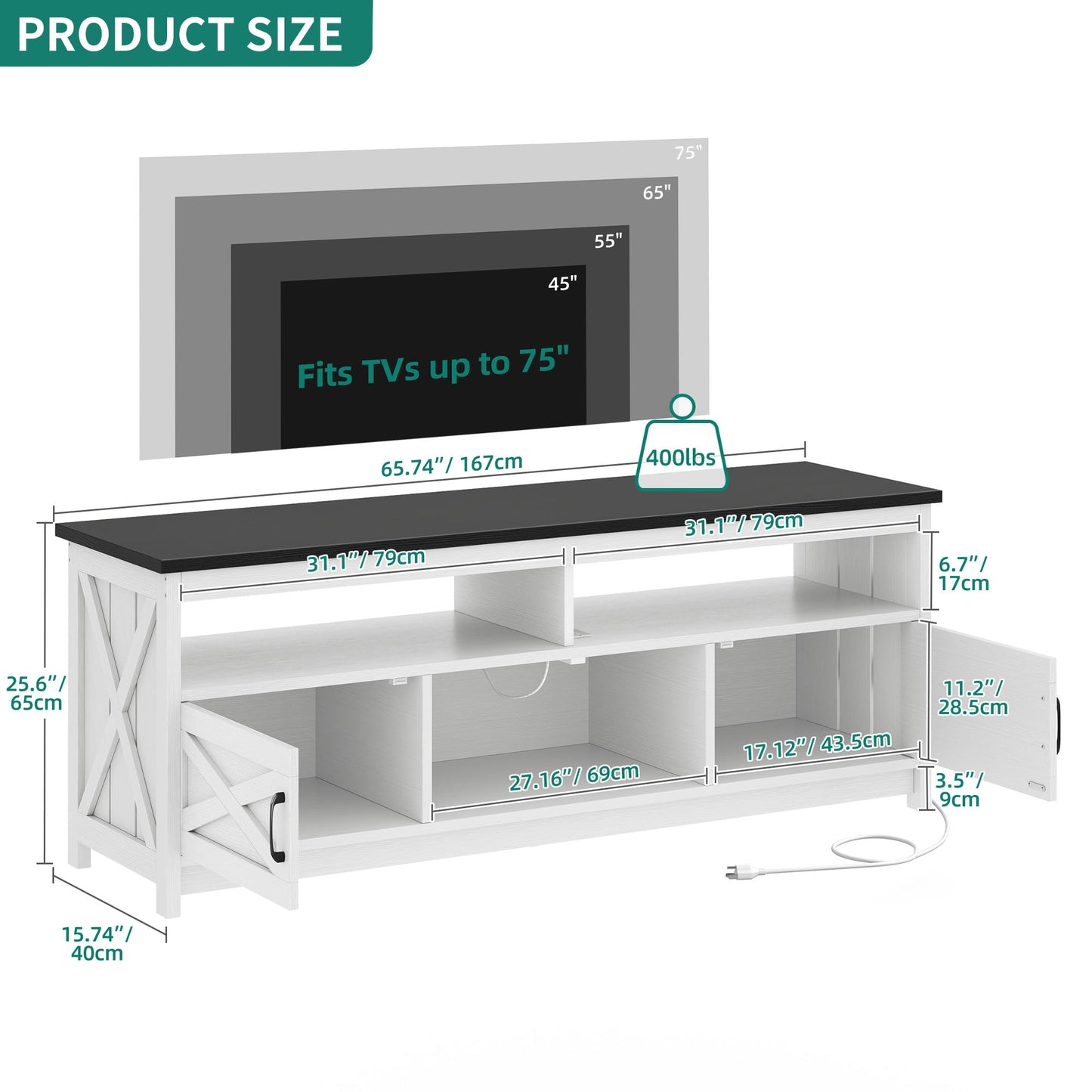 YITAHOME Farmhouse TV Stand for 75 Inch Television Stand, LED Entertainment Center with Power Outlets and Open Shelf, Rustic Media Console TV Cabinet for Living Room, White/Black