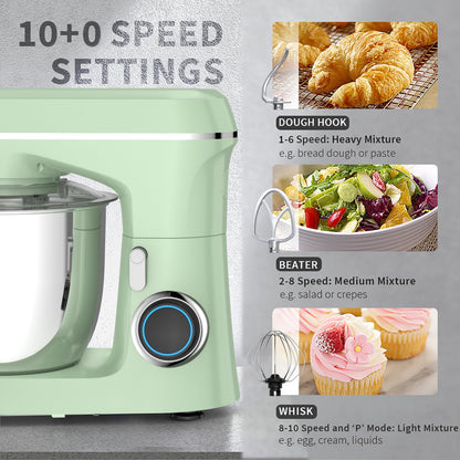 ZZR SEVEN Stand Mixer, Dough Mixer, Cake Mixer, Kitchen Mixer with Bowl SS 5.5 QT, 450W Copper Motor, Standing Mixer with Beater, Dough Hook, SS Egg Whisk (450W Green)