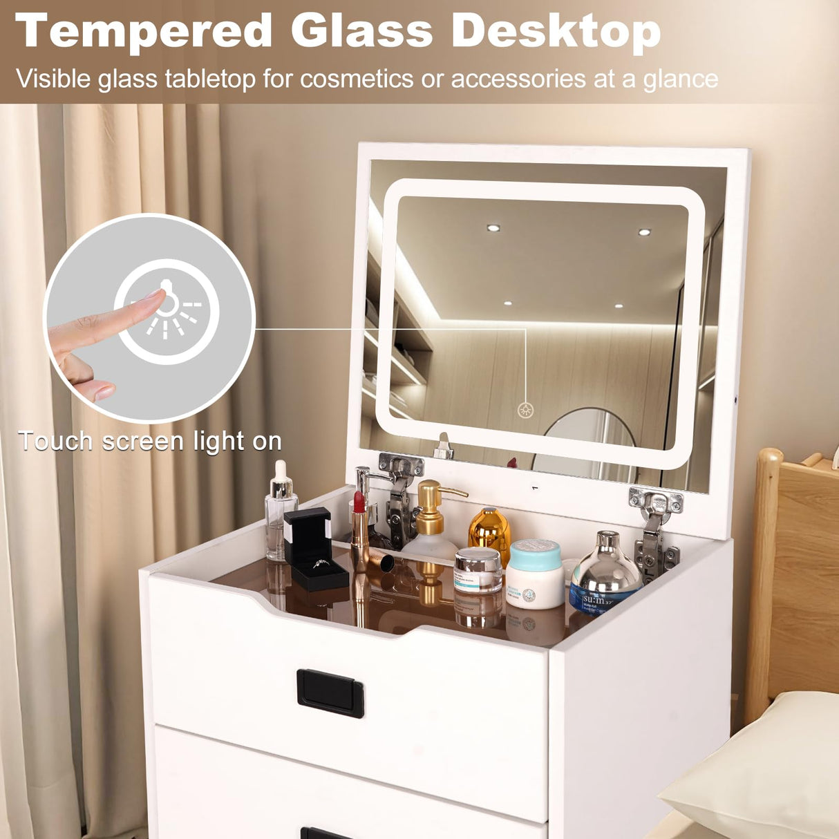 HVCBOSS 3 in 1 Vanity Desk with Flip Top Mirror, Small Make Up Vanity Set with Visible Glass Desktop, Compact Makeup Vanity with 3 Drawers, Cushioned Tool, Dressing Table for Bedroom HVCBOSS