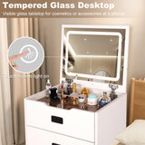 HVCBOSS 3 in 1 Vanity Desk with Flip Top Mirror, Small Make Up Vanity Set with Visible Glass Desktop, Compact Makeup Vanity with 3 Drawers, Cushioned Tool, Dressing Table for Bedroom HVCBOSS