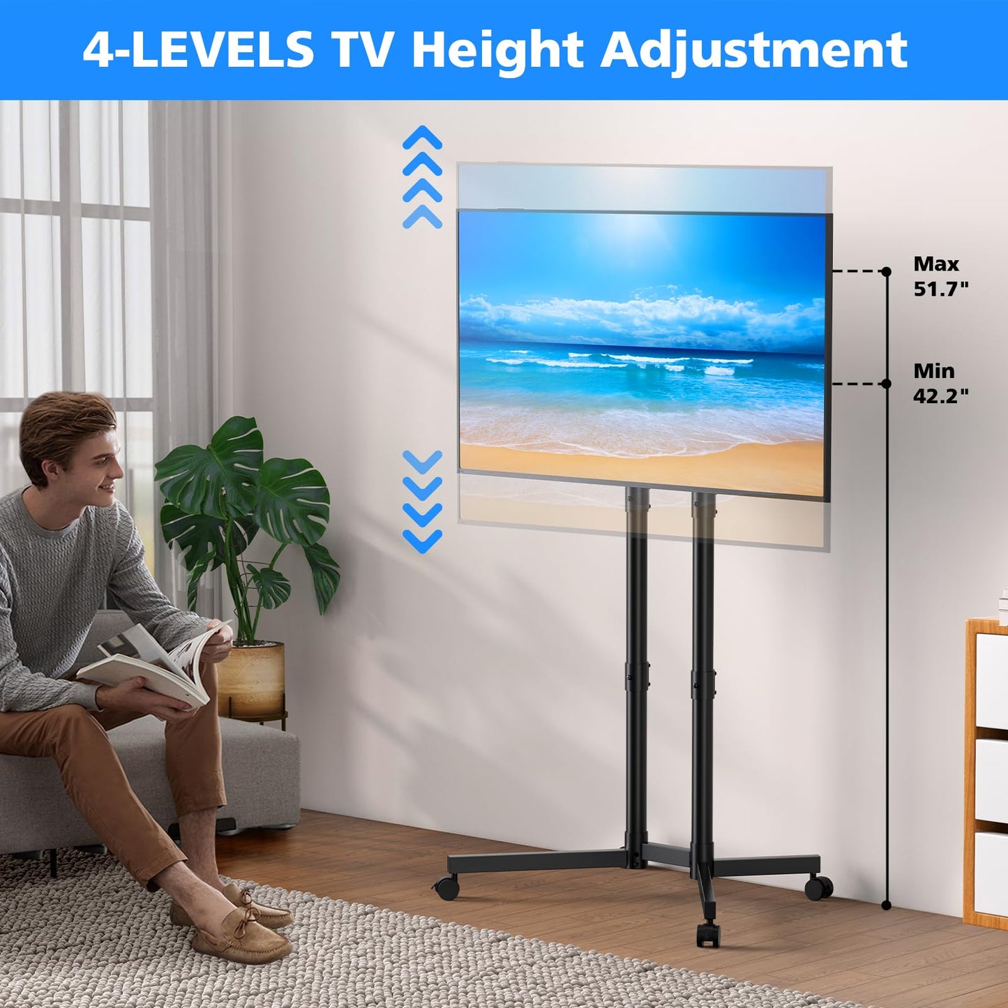 JANSNIMEN Rolling TV Stand, Mobile TV Cart for 32-70 Inch LCD LED Flat & Curved TVs, Height Adjustable Floor TV Stand with Wheels, Outdoor Portable TV Stand Holds up to 110 lbs, Max VESA 400x400mm