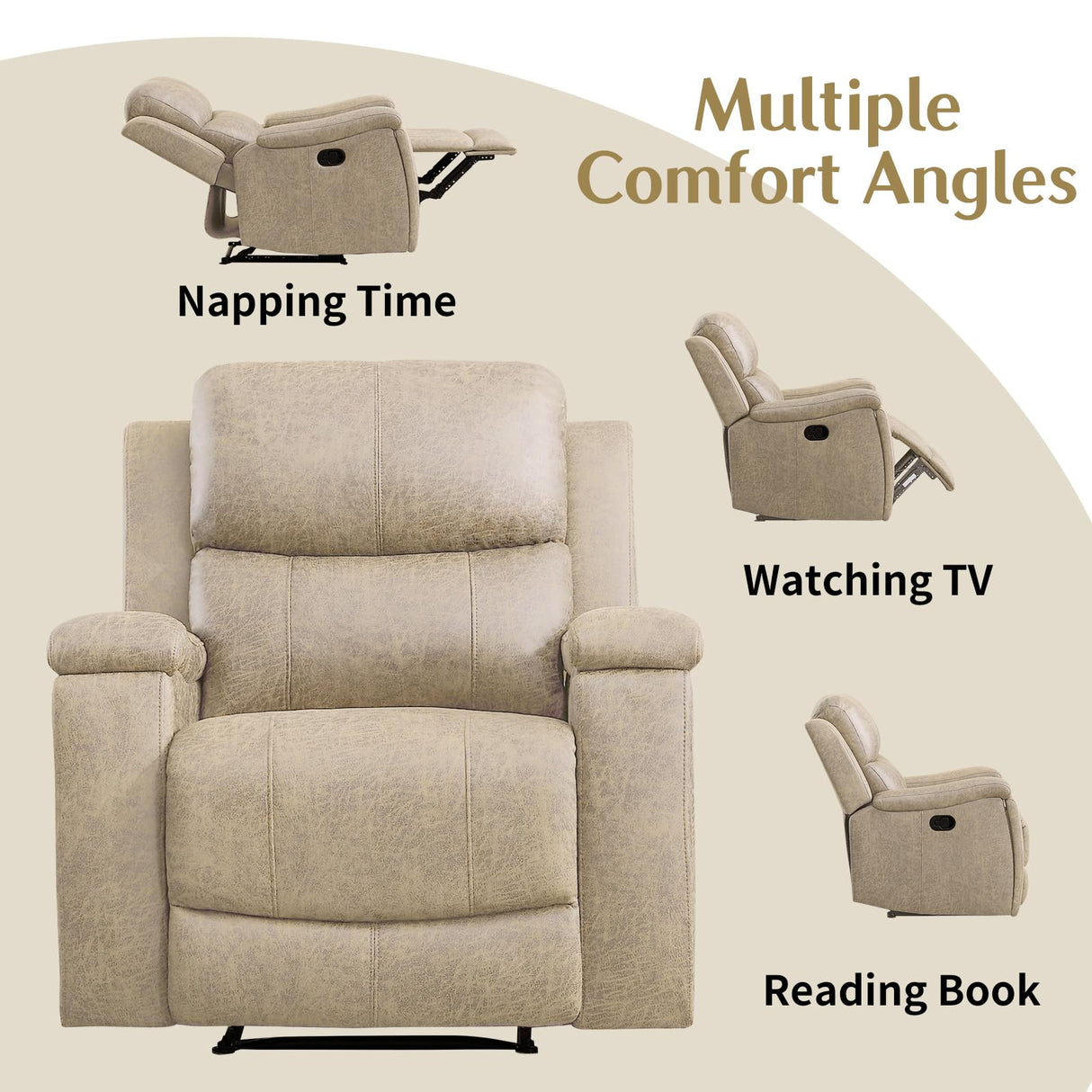 CANMOV Leather Recliner Chair, Classic and Traditional Manual Recliner Chair with Overstuffed Arms and Back, Manual Single Sofa with Concealed Cup Holders,Beige CANMOV