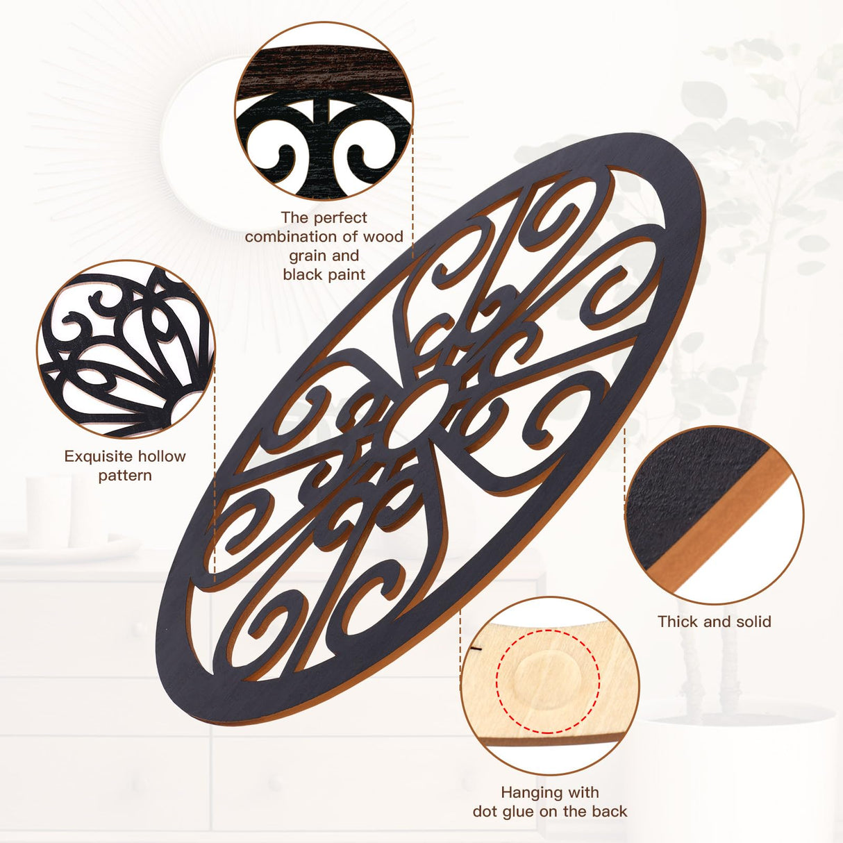 Zzbakress 4 Pcs Wooden Grainy Rustic Wall Art Farmhouse Wall Decor Wooden Exquisite Hollow Pattern Wall Decor Elegant Round Wall Art for Living Room Dinner Room Kitchen Bedroom Hallway (Black, Rustic) Zzbakress