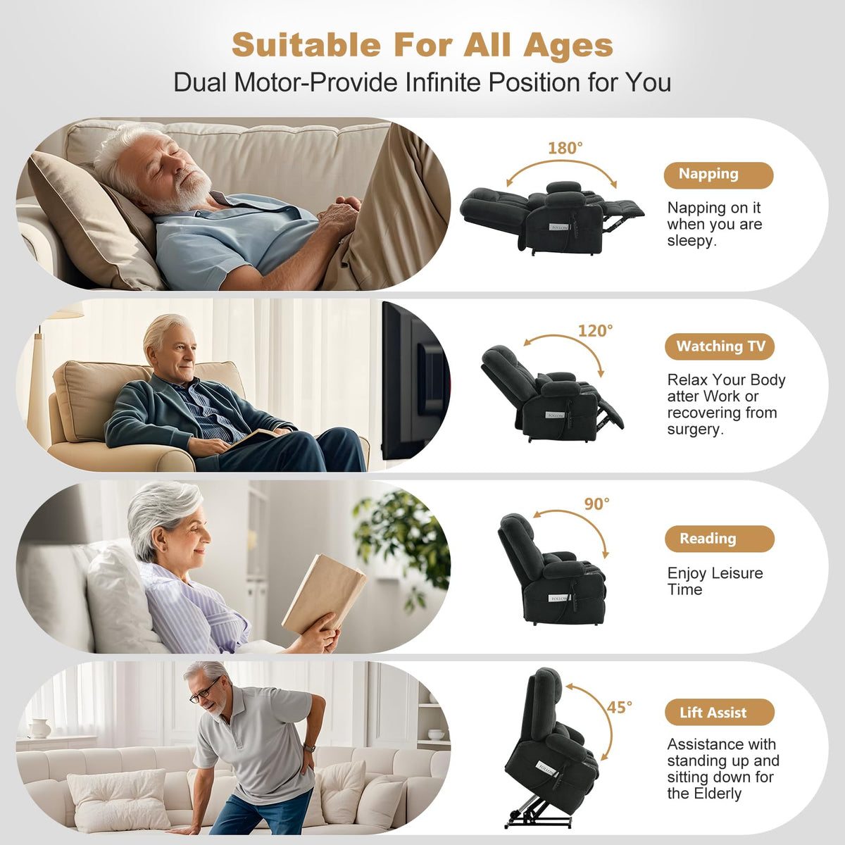 Madaha Electric Power Large Lift Recliner Chair Sofa with Massage and Heat for Elderly, Oversized Lay Flat Dual Motor Infinite Position Recliner Chair, Side Pockets, Cup Holders, USB Ports (Grey) Madaha