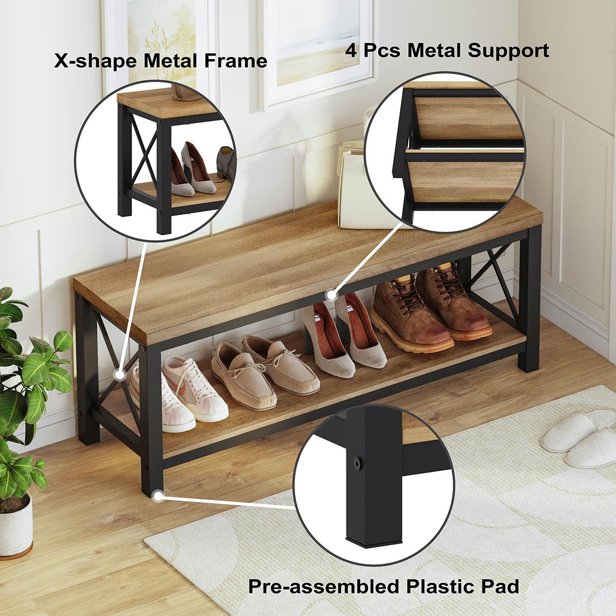 BON AUGURE Entryway Bench, Farmhouse Wooden Metal Entry Storage Bench, Rustic Shoe Benches with Shelf for Foyer, Mudroom, Bedroom, Hall, Entrance (Vintage Oak) BON AUGURE