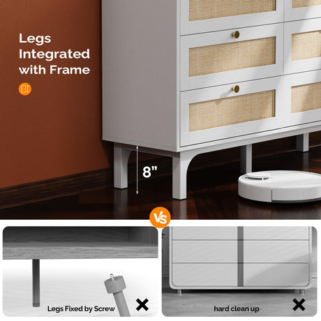 VINGLI Rattan Dresser, 6 Drawer Dresser for Bedroom, Modern Dresser with Gold Handles, Long Dresser with Large Drawers, Boho Dresser TV Stand, Wood Chest of Drawers for Kids Room, Living Room (White) VINGLI