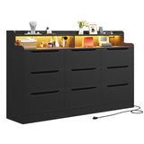 EnHomee 9 Drawers Dresser with LED Light Storage Shelves,Black Dresser for Bedroom with Charging Station,Dressers & Chests of Drawers with Handleless in Modern Style,Tall Wooden Dresser for Home EnHomee