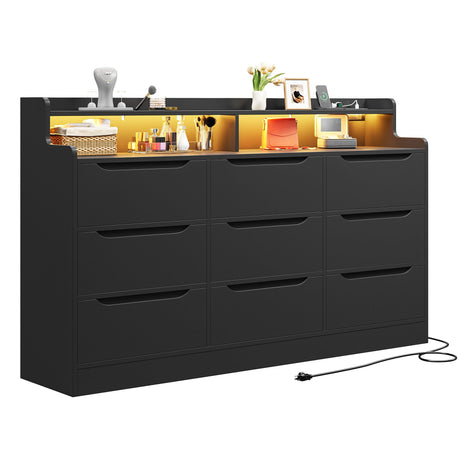 EnHomee 9 Drawers Dresser with LED Light Storage Shelves,Black Dresser for Bedroom with Charging Station,Dressers & Chests of Drawers with Handleless in Modern Style,Tall Wooden Dresser for Home EnHomee
