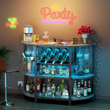 Zarler Grey Mini Bar Cabinet with LED Lights and Power Outlet – Stylish 4-Tier Liquor Stand Zarler