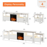 WAMPAT Living Room Table Set of 3, Modern Fireplace TV Stand for 75 inch TV with 5 Storages, 2 Wood End Table LED Night Stand with Door for Living Room, Bedroom, White WAMPAT