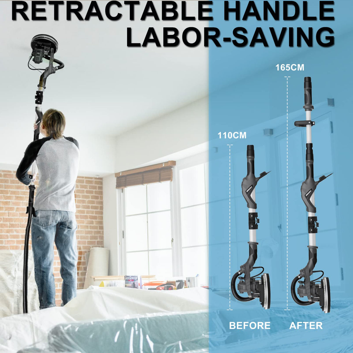 Drywall Sander with Vacuum, IMQUALI® 9.5A 1050W Electric Sander Tool with Variable Speed 600-2600RPM, Popcorn Ceiling Removal Tool with Extendable Handle, LED Light, 12pcs Sanding Discs, Black, IMQ919 IMQUALI