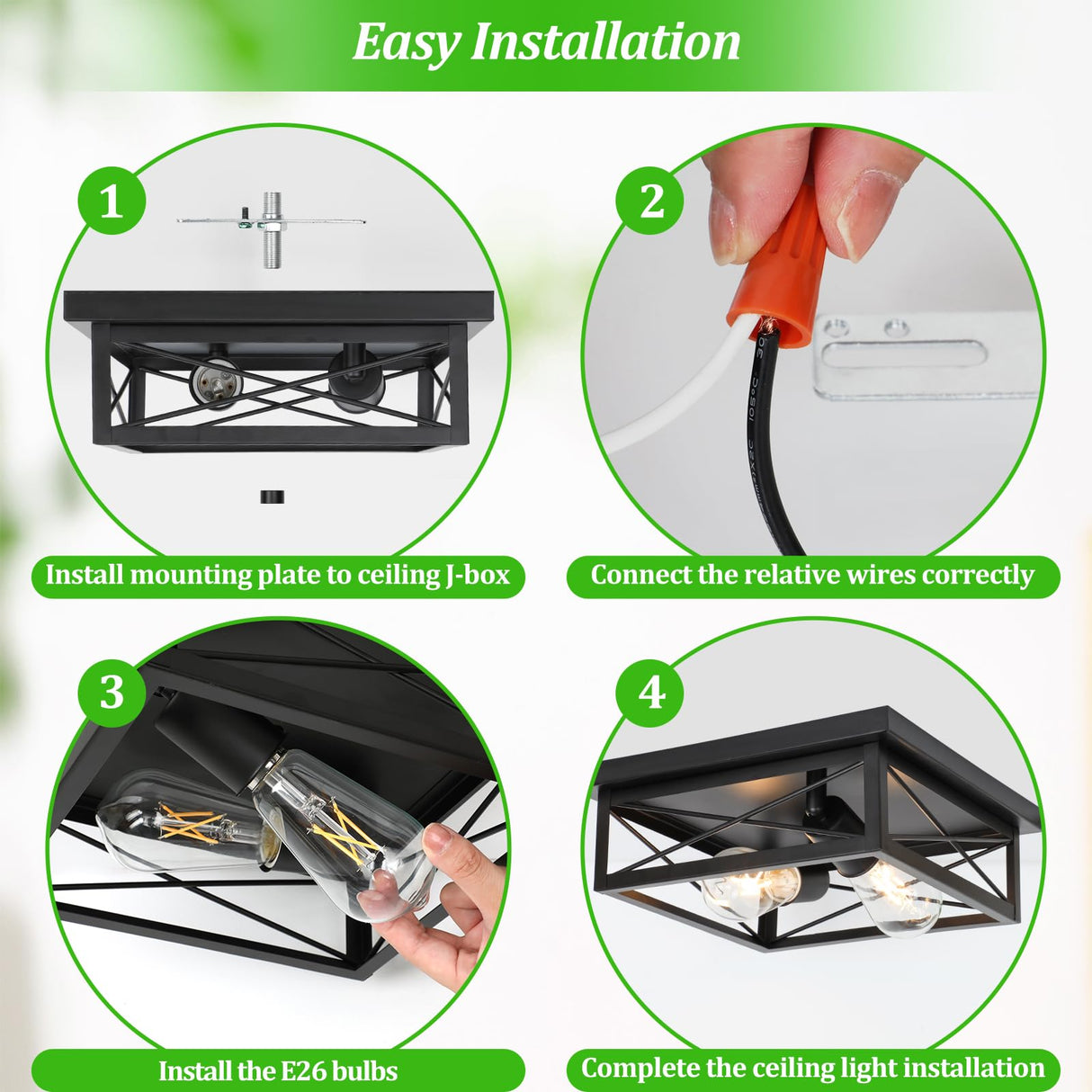 Kondras 2-Light Industrial Square Flush Mount Ceiling Light, Farmhouse Ceiling Light Fixture for Kitchen, Modern Black Close to Ceiling Light for Hallway Bedroom Balcony Porch Stairway, E26, 2-Pack Kondras