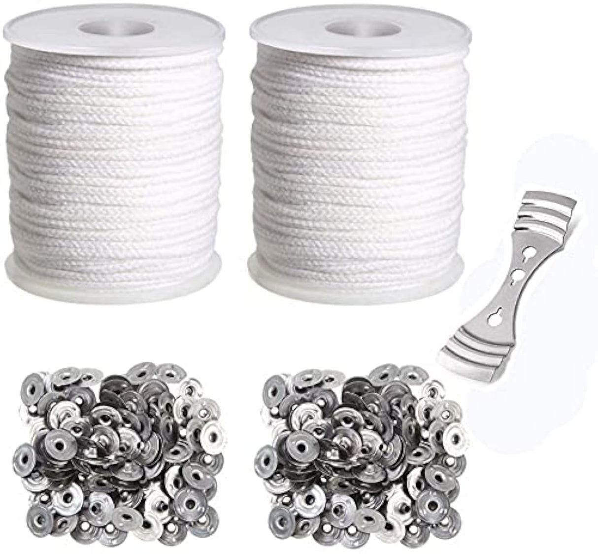 400 ft Cotton Candle Wick,24 PLY Braided Cotton Candle Making Wicks Spool + 200 Pieces Metal Sustainer Tabs + 1 Piece Centering Device Holder Set for DIY Crafts happytakehome