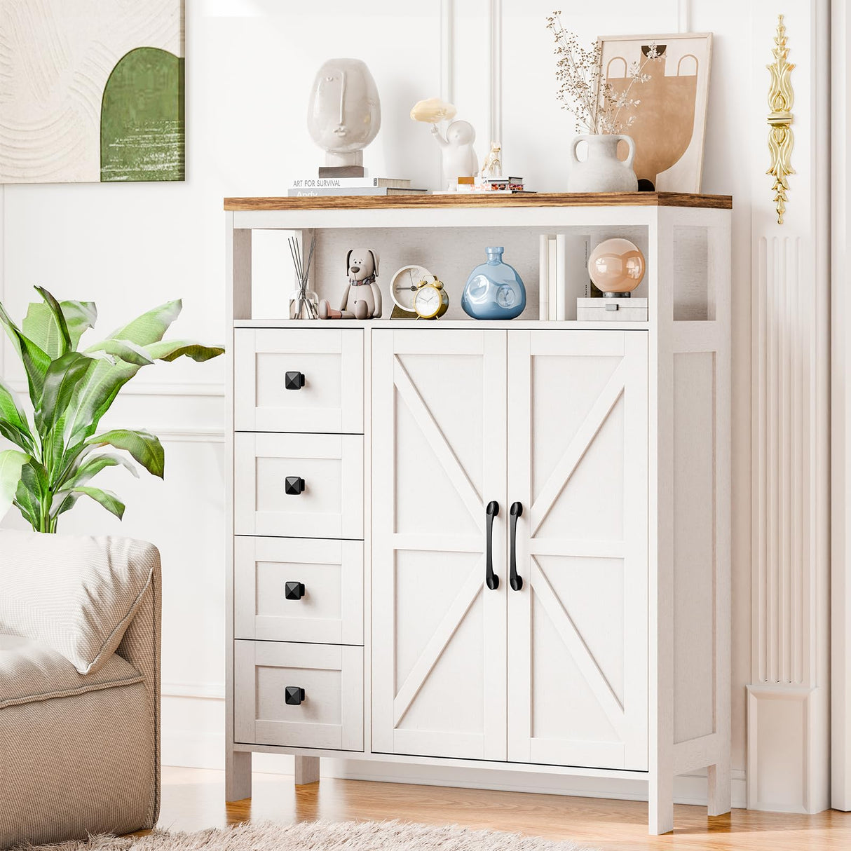 Farmhouse Storage Cabinet with 2 Doors and 4 Drawers, Freestanding Bathroom Storage Cabinet Kitchen Pantry Cabinet, Floor Storage Cabinet Hutch Cupboard for Kitchen/Living Room/Bathroom （Unique White） Befrases