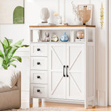 Farmhouse Storage Cabinet with 2 Doors and 4 Drawers, Freestanding Bathroom Storage Cabinet Kitchen Pantry Cabinet, Floor Storage Cabinet Hutch Cupboard for Kitchen/Living Room/Bathroom （Unique White） Befrases