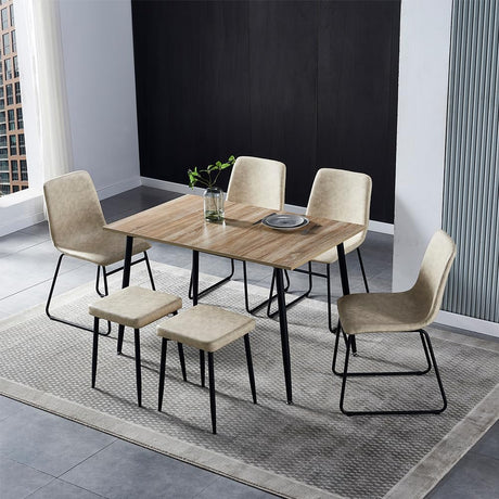Anchorhome 47"(W) Modern Wooden Dining Table Set for 4/6, with 4 Armless Dining Chairs Plus 2 Sturdy Stools Faux Leather Metal Frame, Dining Room Kitchen Apartment (Vintage Beige) Anchorhome