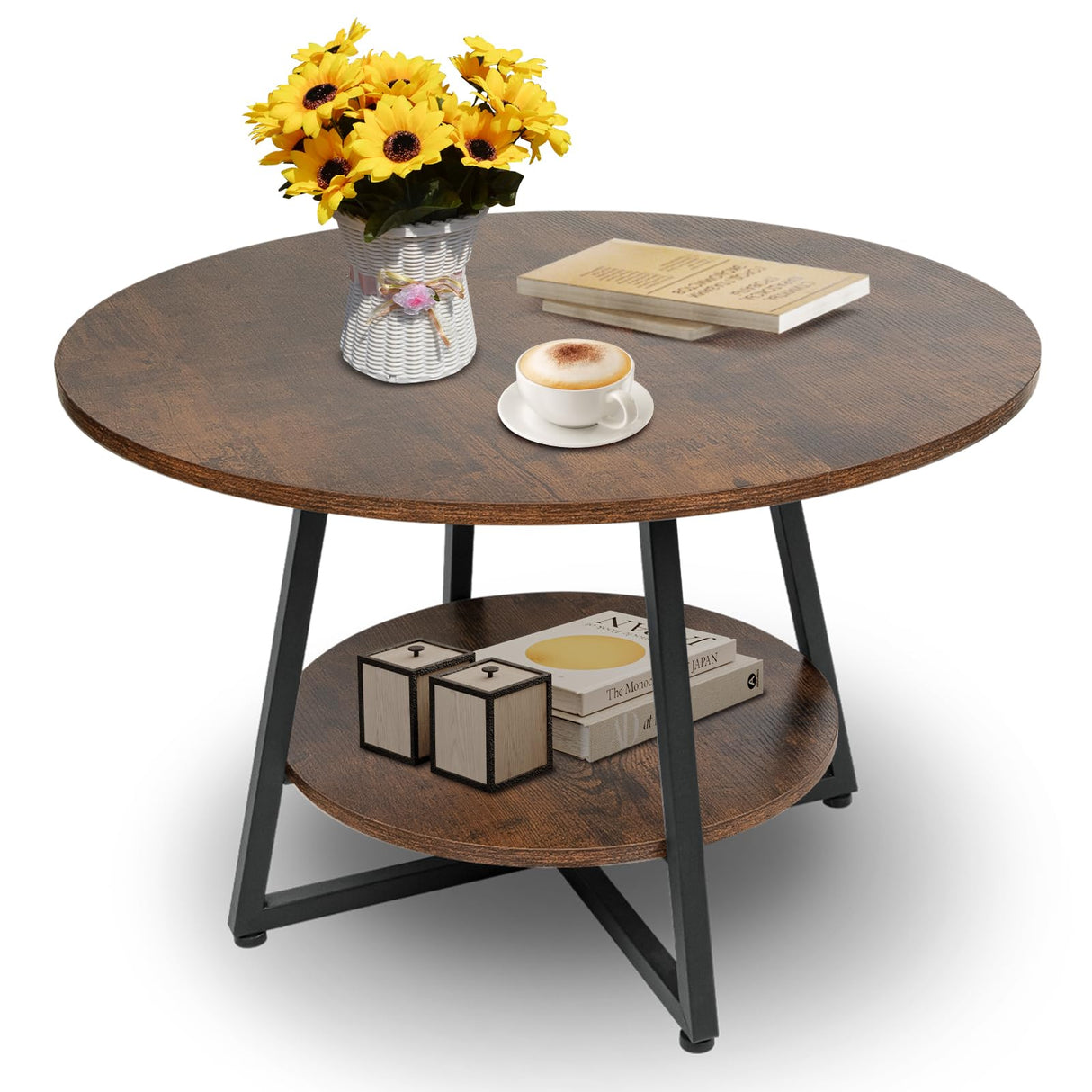 Masigle Round Coffee Table, 2-Tier Circle Coffee Table with Storage, Modern Wood Round Center Table, for Living Room, Small Space, Home Office, Easy Assembly, Rustic Brown Masigle